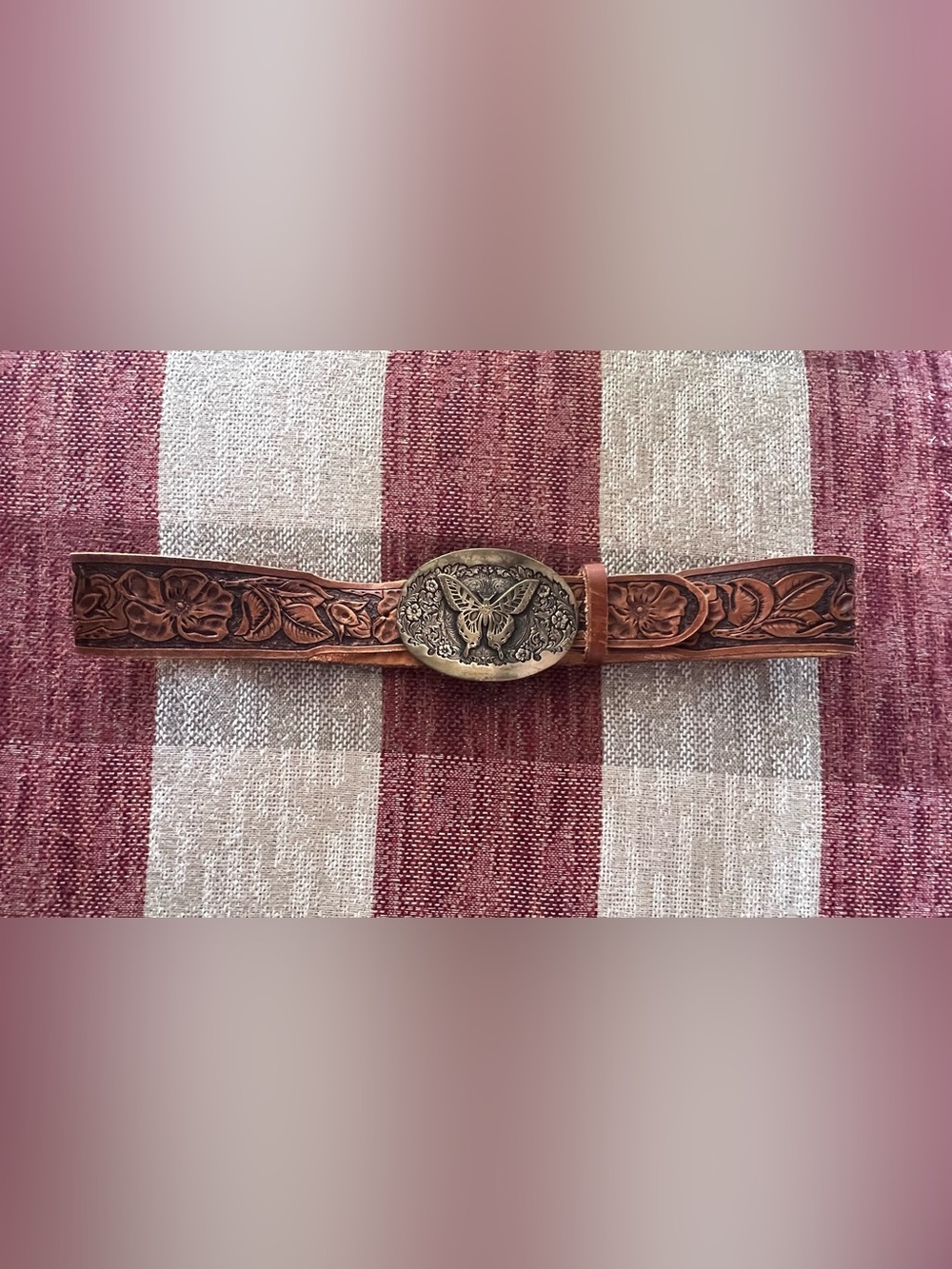 Leather Belt with Antique Brass Butterfly Buckle - Brown